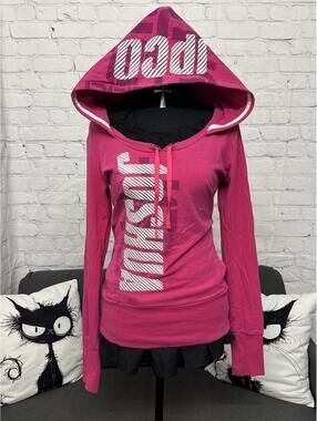 Y2K Joshua Perets Pink White Fitted Hoodie Oversized Hood Sz M Mcbling 2000s